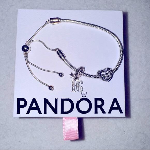 Brand New .925 Pandora Moments Snake Chain Slider Bracelet & 2 Charms Sweet 16 - Picture 1 of 8